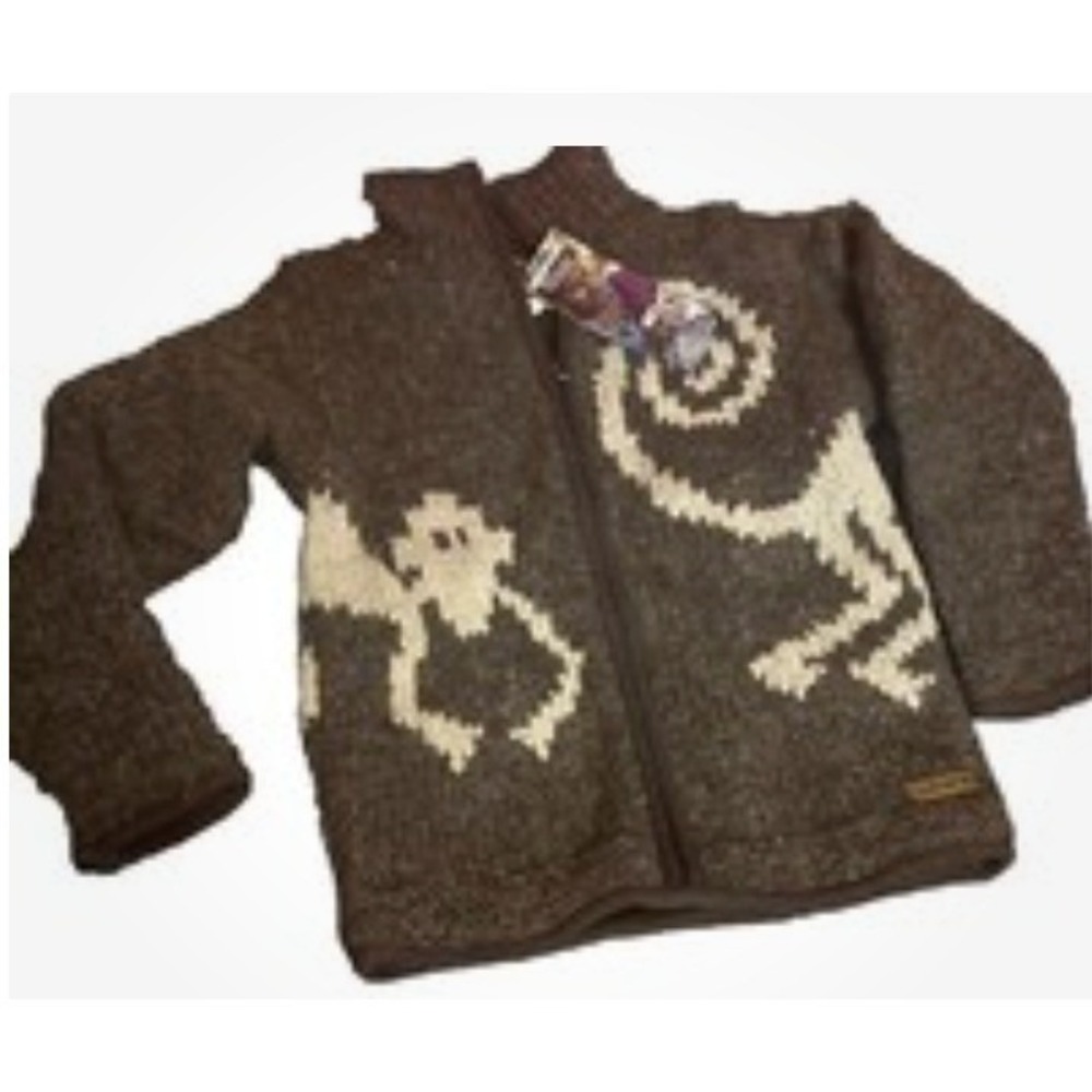 Laundromat Kids Monkey Wool Full Zip Lined Sweater Brown Hand Knit Size M